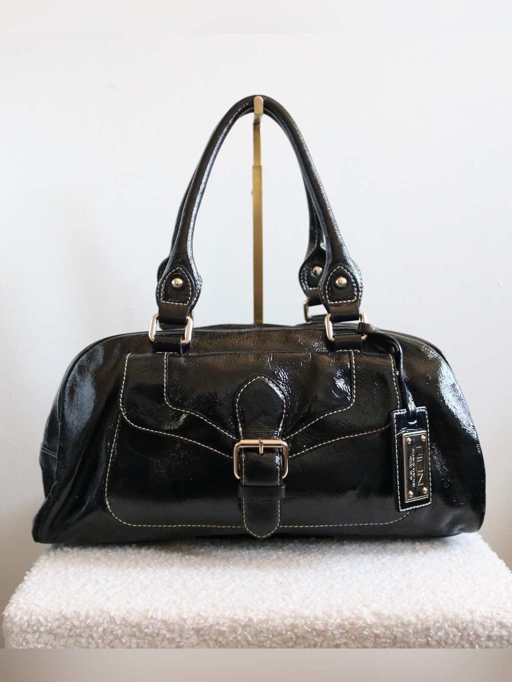 Vintage Fion Patent Leather East West Bowler Bag Black Silver Hardware